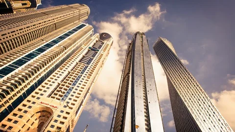 Dubai Marina Skyscraper to the sky timelapse pan Stock Footage 105683339