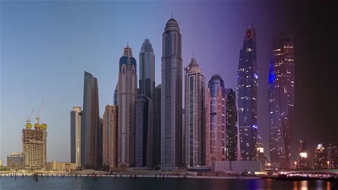 Dubai Marina Skyskrapers day to night 2K Stock Footage