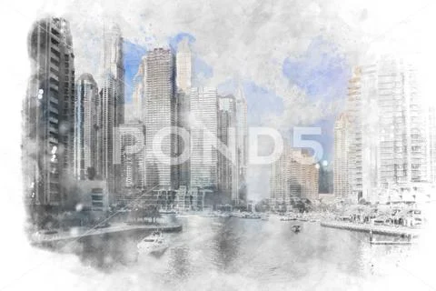 Dubai marina, United Arab Emirates. Sunrise over modern city skyline. Stock Illustration