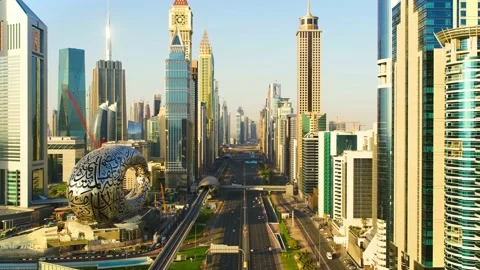 The Dubai Museum Fly Over View - Dubai City Ariel View Stock Footage 235907794