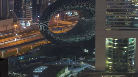Dubai museum of future exterior design aerial night timelapse. Video stock 159748352