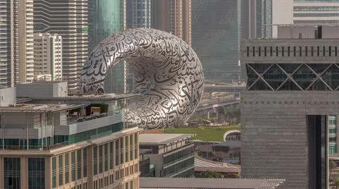 Dubai museum of future exterior design aerial timelapse. Stock Photos