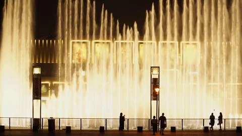 Dubai musical Fountain. Show next to the Dubai Mall and Burj Khalifa. 4K Stock Footage