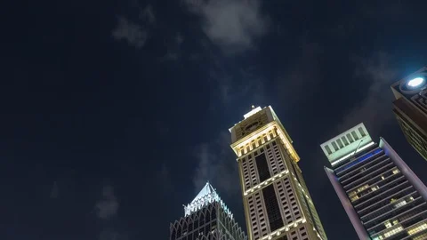 Dubai Night hyperlapse and timelapse of the skycrapers on Sheikh Zayed Road Stock Footage 96020245