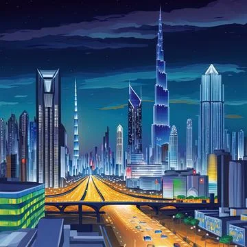 Dubai night skyline. dubai streets by night. al yaqoub Stock Illustration