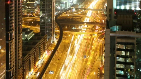 Dubai night skyline vertical pan timelapse Stock Footage