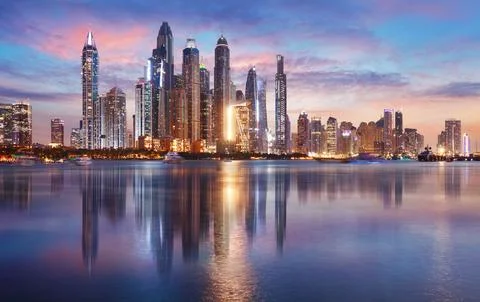 Dubai panorama skyline at dramatic sunset in Marina, United Arab Emirates Stock Photos