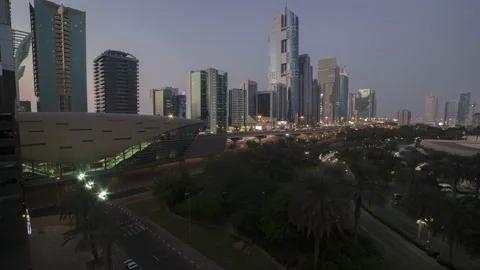 Dubai Sheikh Zayed Road Metro Sunset Timelapse 4K Stock Footage 239502038