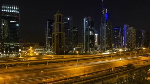 Dubai Sheikh Zayed Road Night Timelapse 4K 24FPS Stock Footage 71875631