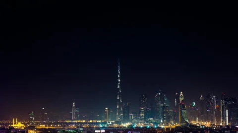 Dubai Skyline Extreme Wide Angle Establishing Timelapse at Night Stock Footage 65919911