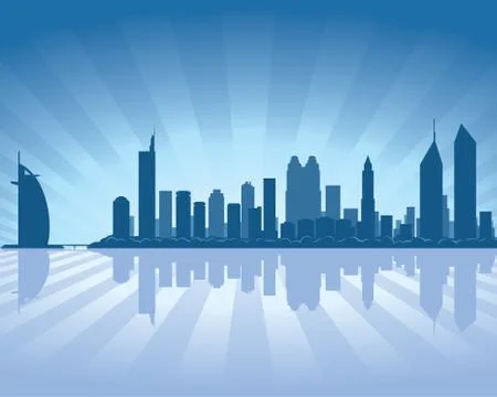 Dubai skyline with reflection in water Stock Illustration