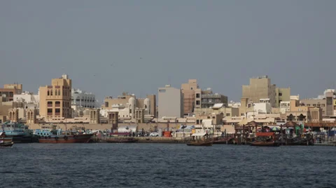Dubai Skyline Spice Souk Old Town Al Ras Abra Boat Arabian Busy City Urban Scene Stock Footage 34954387