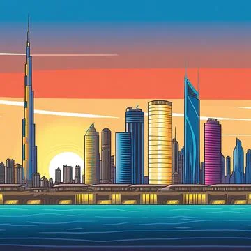 Dubai skyline at suncartoon style Stock Illustration