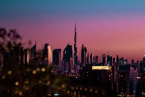 Dubai skyline at sunset. Stock Photos