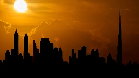 Dubai Skyline, Time Lapse at Sunset with Red Clouds and Fiery Sky, UAE Stock Footage 125194746