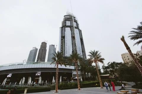 Dubai skyscraper in progress, reconstruction with palms. Stock Photos