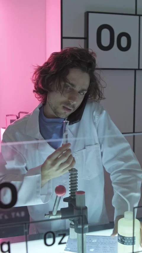 Dubai, UAE - 07 07 2025: Male scientist examining test tube in laboratory with Stock Footage 335191962
