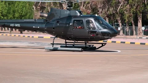 Dubai, UAE - 11 11 2023: A small private pleasure helicopter with tourists lands Stock Footage 310296954