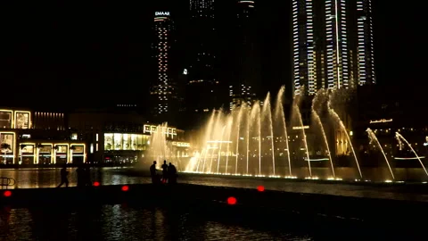 DUBAI, UAE - 19 MARCH 2018 : Dubai Water Fountain near Burj Khalifa. Stock Footage 89735162