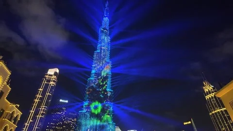 Dubai, UAE, 21 June 2026 - Burj Khalifa Night Lights and Fountain Water Show Stock Footage 337434014