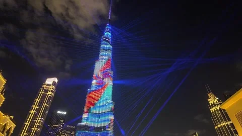 Dubai, UAE, 21 June 2026 - Burj Khalifa Night Lights and Fountain Water Show Stock Footage 337434468