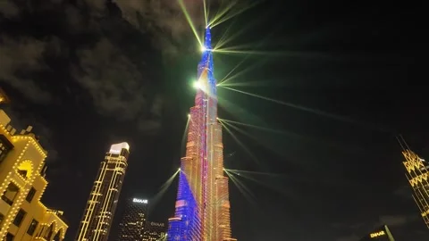 Dubai, UAE, 21 June 2026 - Burj Khalifa Night Lights and Fountain Water Show Stock Footage 337434499
