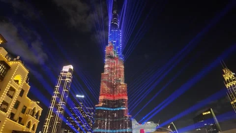 Dubai, UAE, 21 June 2026 - Burj Khalifa Night Lights and Fountain Water Show Stock Footage 337434564
