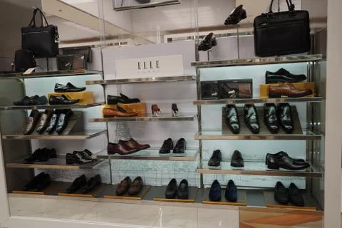 Dubai UAE December 2019 - Men shoes in a luxury store. Set of black and brown Stock Photos