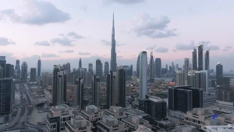 DUBAI, UAE - DECEMBER 8, 2016: Panoramic aerial view of Downtown skyscrapers at Stock Footage 102128762