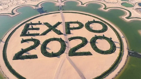 Dubai, UAE - February 2020: Aerial view of EXPO 2020 Lake Stock Footage