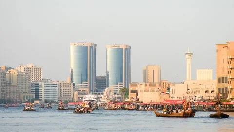 Dubai, UAE - June 17, 2024: Traditional wooden boats in Dubai area. Video stock 279878111