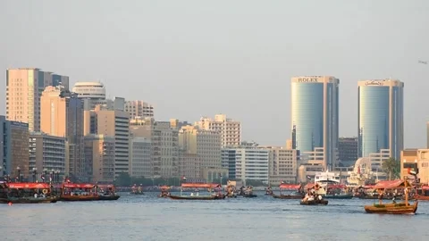 Dubai, UAE - June 17, 2024: Traditional wooden boats in Dubai. Stock Footage 279878120