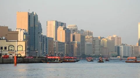 Dubai, UAE - June 17, 2024: Traditional wooden boats in Dubai. Stock Footage 279878122