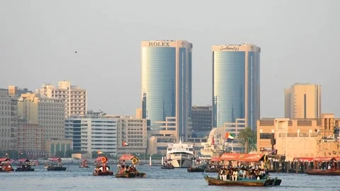 Dubai, UAE - June 17, 2024: Traditional wooden boats in Dubai. Stock Footage 279878156