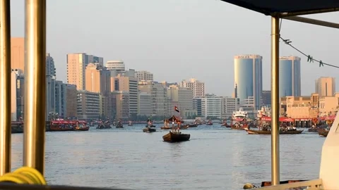 Dubai, UAE - June 17, 2024: Traditional wooden boats in Dubai. Stock Footage 279878158