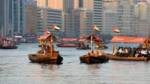 Dubai, UAE - June 17, 2024: Traditional wooden boats in Dubai. Stock Footage 279878161