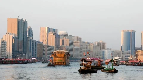 Dubai, UAE - June 17, 2024: Traditional wooden boats in Dubai. Stock Footage 279878176