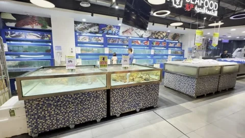 Dubai UAE June 30 2026 Live seafood display in a supermarket aquarium Stock Footage 337936910
