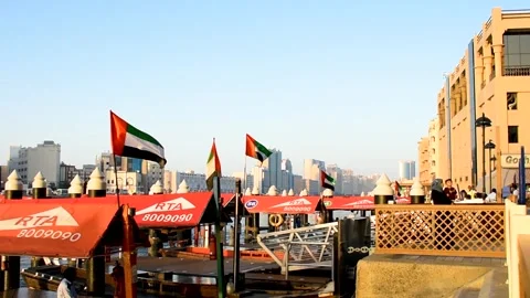 Dubai, UAE - May 06, 2024: The port of traditional wooden boats in Dubai. Stock Footage 279878301