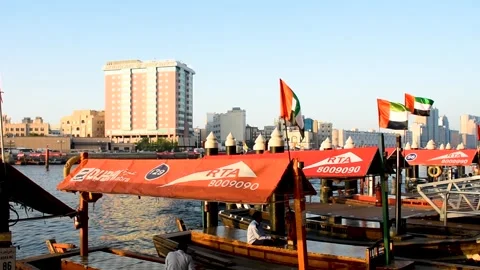 Dubai, UAE - May 06, 2024: The port of traditional wooden boats in Dubai. Stock Footage 279878306