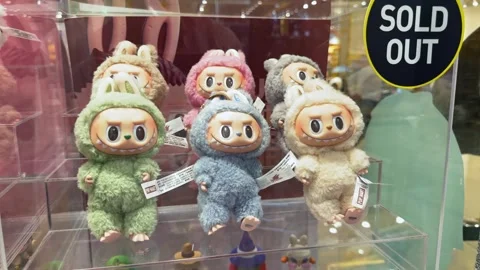 Dubai, UAE - May 18, 2025: Labubu plush toys from The Monsters by Pop Mart on Vidéo 309509508
