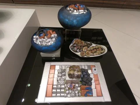 Dubai UAE - May 2019: Patchi chocolates and gift packs displayed in store for Stock Photos