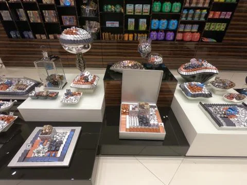 Dubai UAE - May 2019: Patchi chocolates and gift packs displayed in store for Stock Photos