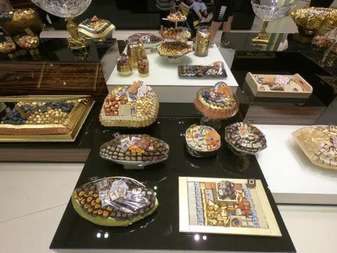 Dubai UAE - May 2019: Patchi chocolates and gift packs displayed in store for Фото