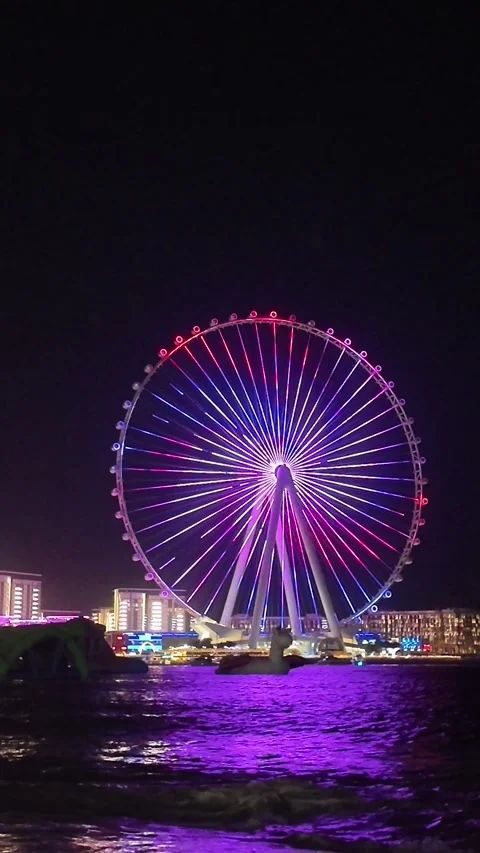 Dubai, UAE - May 24, 2026: Ain Dubai Ferris wheel illuminated at night, Blu.. Stock Footage 335550379