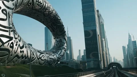 Dubai, UAE - May 5, 2024: Dubai POV view from metro train passing through Museum Stock Footage 288042633