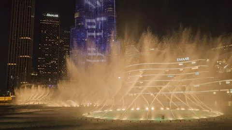 Dubai, UAE. October 5, 2024. Night view of famous Dubai Fountain show with .. Stock Photos
