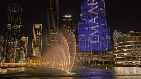 Dubai, UAE. October 5, 2024. Night view of famous Dubai Fountain show with .. Stock Photos