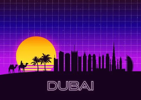 Dubai UAE Retro Sunset Skyline Neon Poster with Camel Stockillustratie
