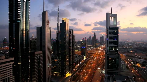 Dubai UAE Sheikh Zayed Road skyscraper Burj Kalifa sunset Stock Footage 48242128